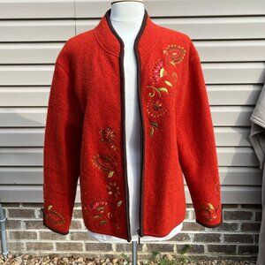 Carson Womens Orange  Brown Wool Embroidered Cardigan Zip‎ Front Jacket XL